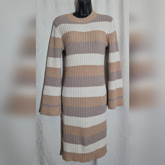 Lark & Grey Long Sleeve Tan and Beige  Striped Sweater Dress Size Large - Picture 1 of 6